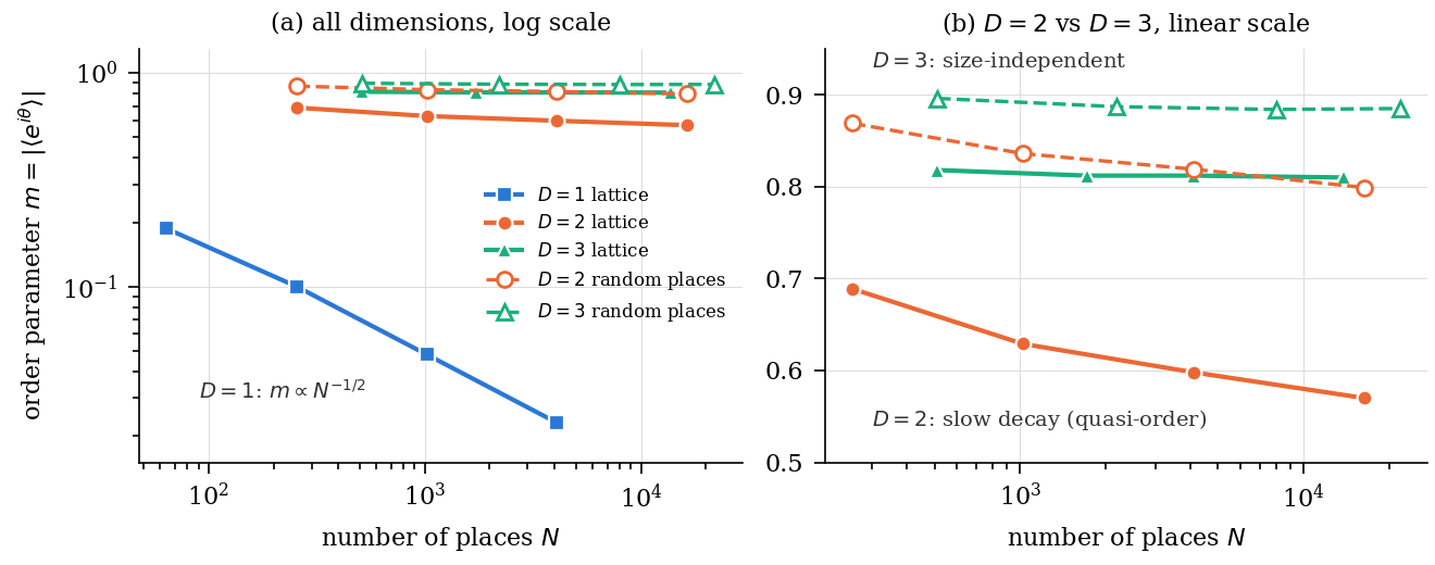 Two panels of order parameter versus number of places. In one dimension the order falls toward zero. In two dimensions it decays slowly. In three dimensions it stays near 0.81 on lattices and near 0.89 on random graphs.
